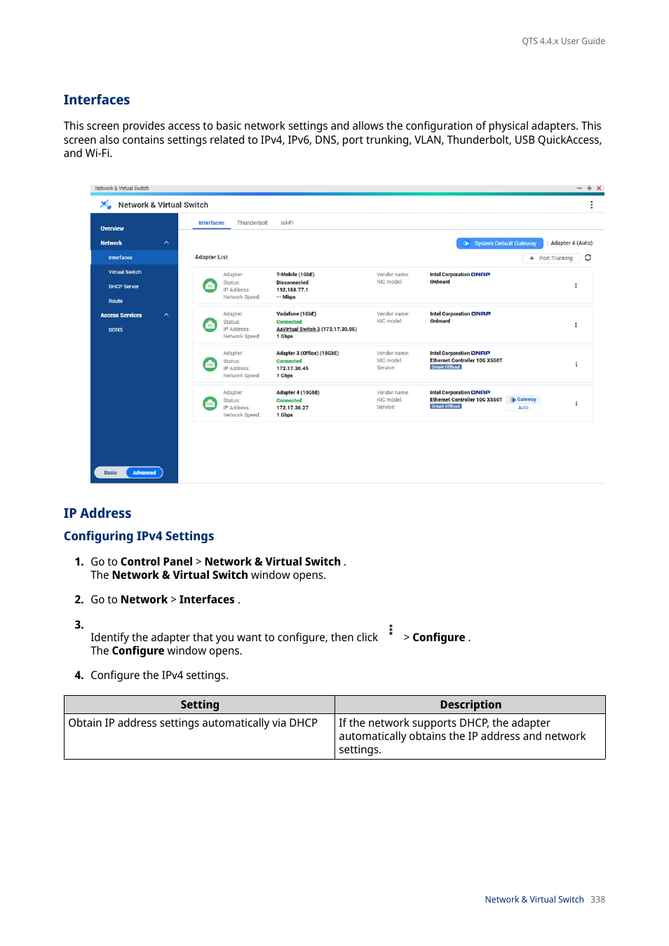 Interfaces, Ip address, Configuring ipv4 settings | QNAP TVS-472XT 4-Bay NAS Enclosure User Manual | Page 339 / 468