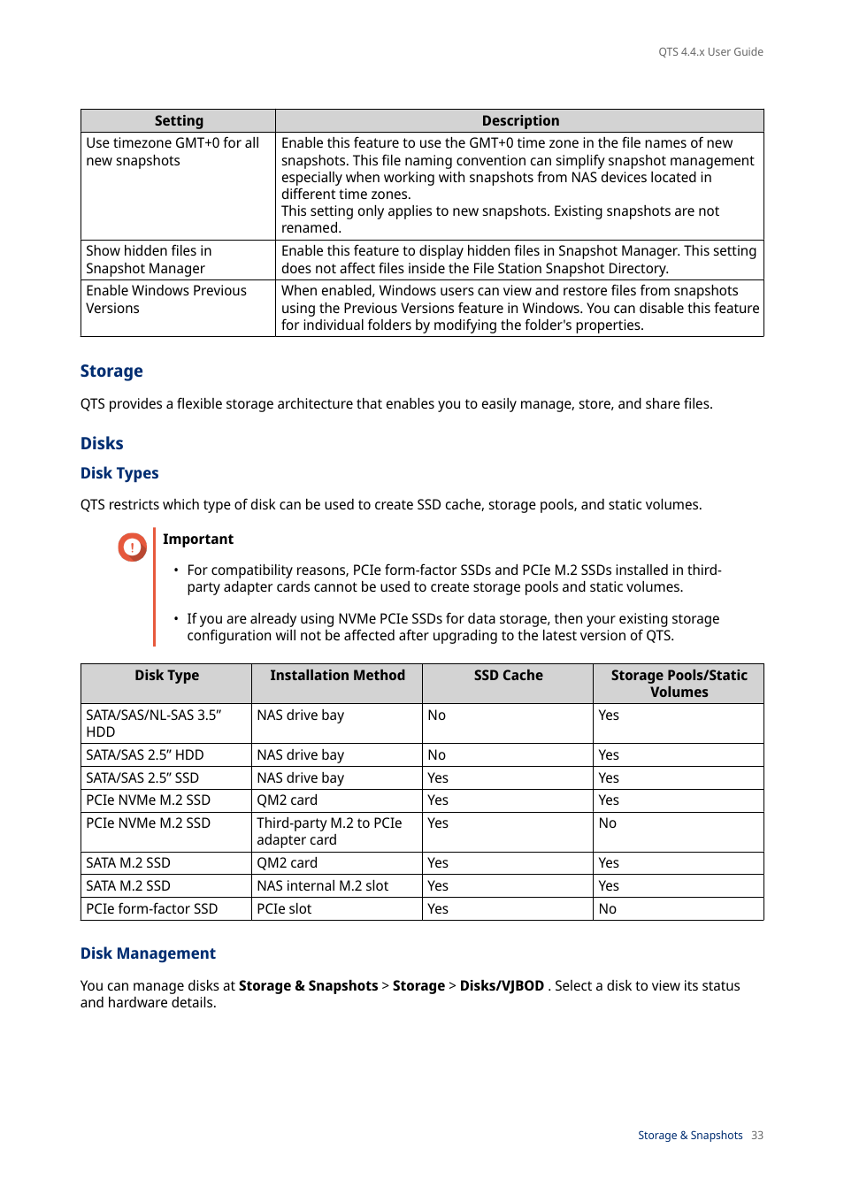 Storage, Disks, Disk types | Disk management | QNAP TVS-472XT 4-Bay NAS Enclosure User Manual | Page 34 / 468