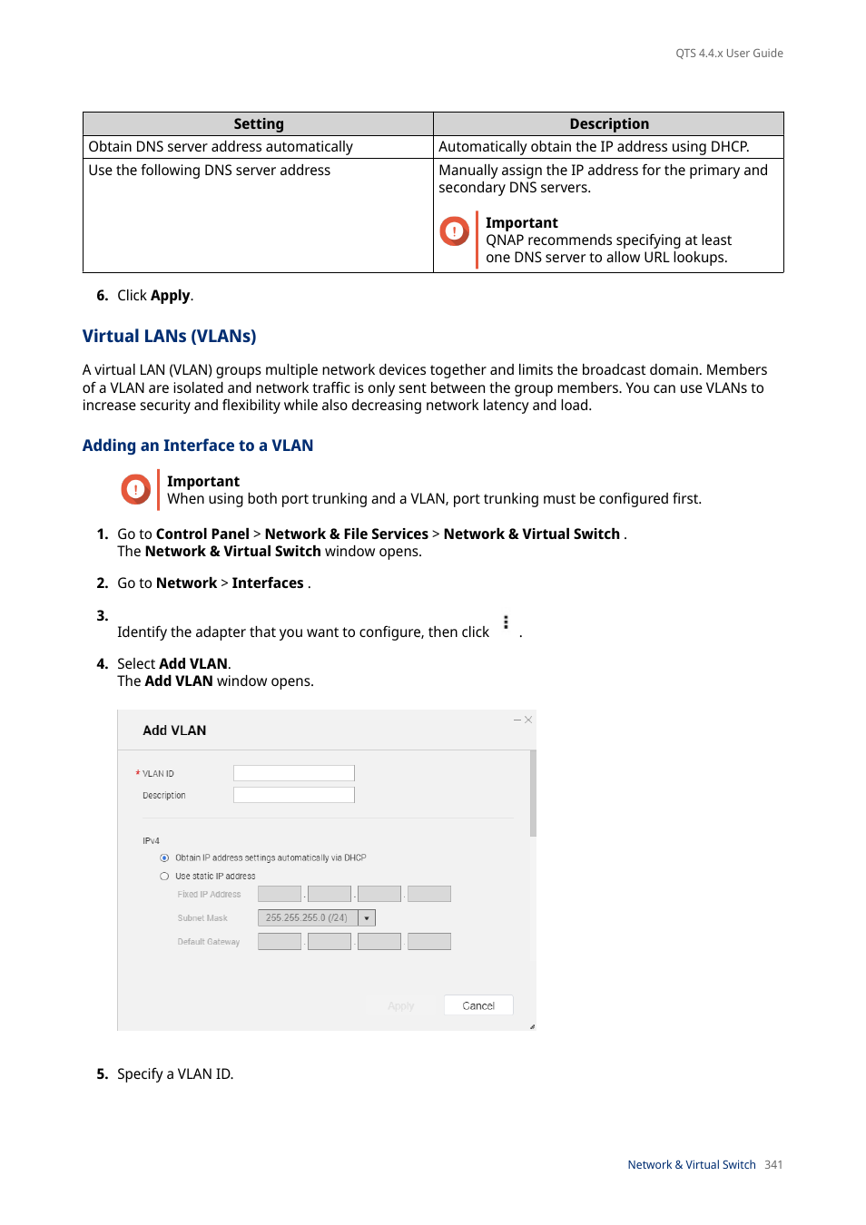 Virtual lans (vlans), Adding an interface to a vlan | QNAP TVS-472XT 4-Bay NAS Enclosure User Manual | Page 342 / 468