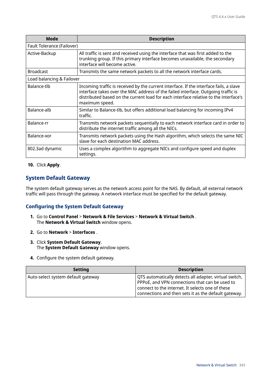 System default gateway, Configuring the system default gateway | QNAP TVS-472XT 4-Bay NAS Enclosure User Manual | Page 344 / 468