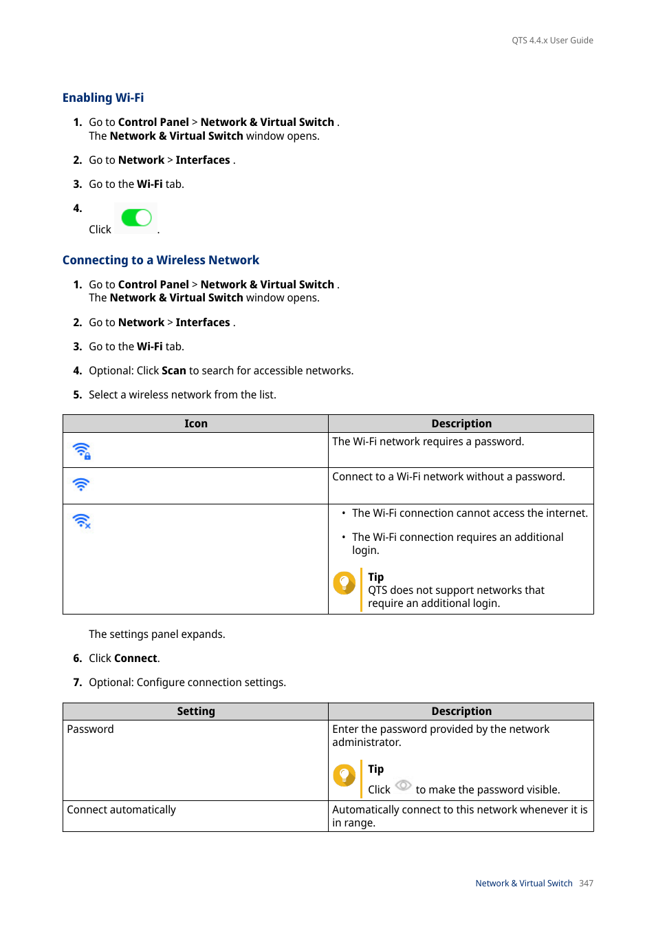 Enabling wi-fi, Connecting to a wireless network | QNAP TVS-472XT 4-Bay NAS Enclosure User Manual | Page 348 / 468