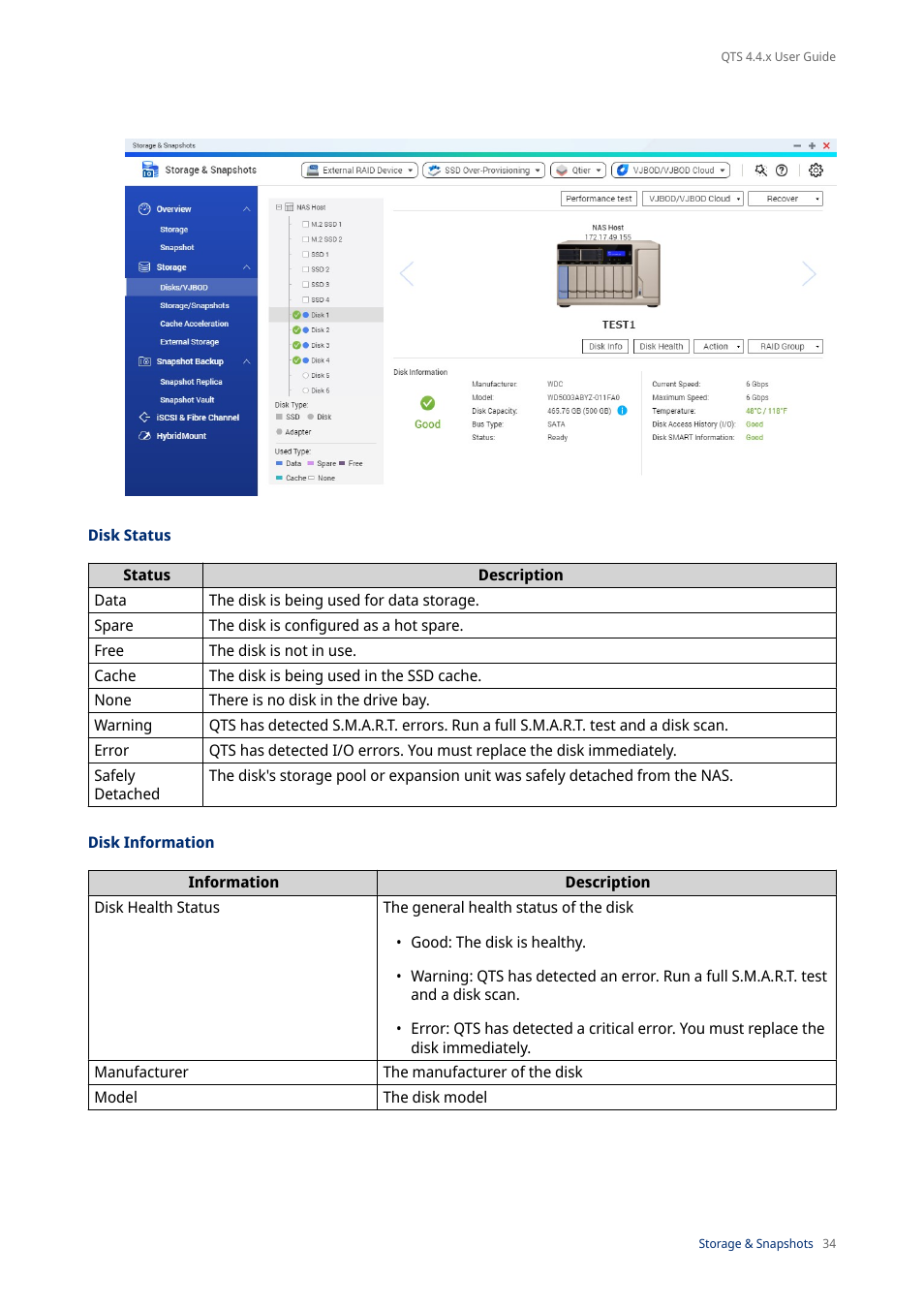 Disk status, Disk information | QNAP TVS-472XT 4-Bay NAS Enclosure User Manual | Page 35 / 468