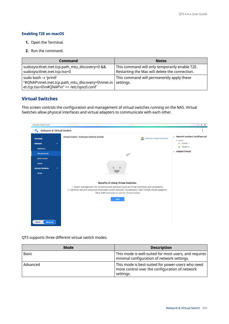 Enabling t2e on macos, Virtual switches | QNAP TVS-472XT 4-Bay NAS Enclosure User Manual | Page 357 / 468