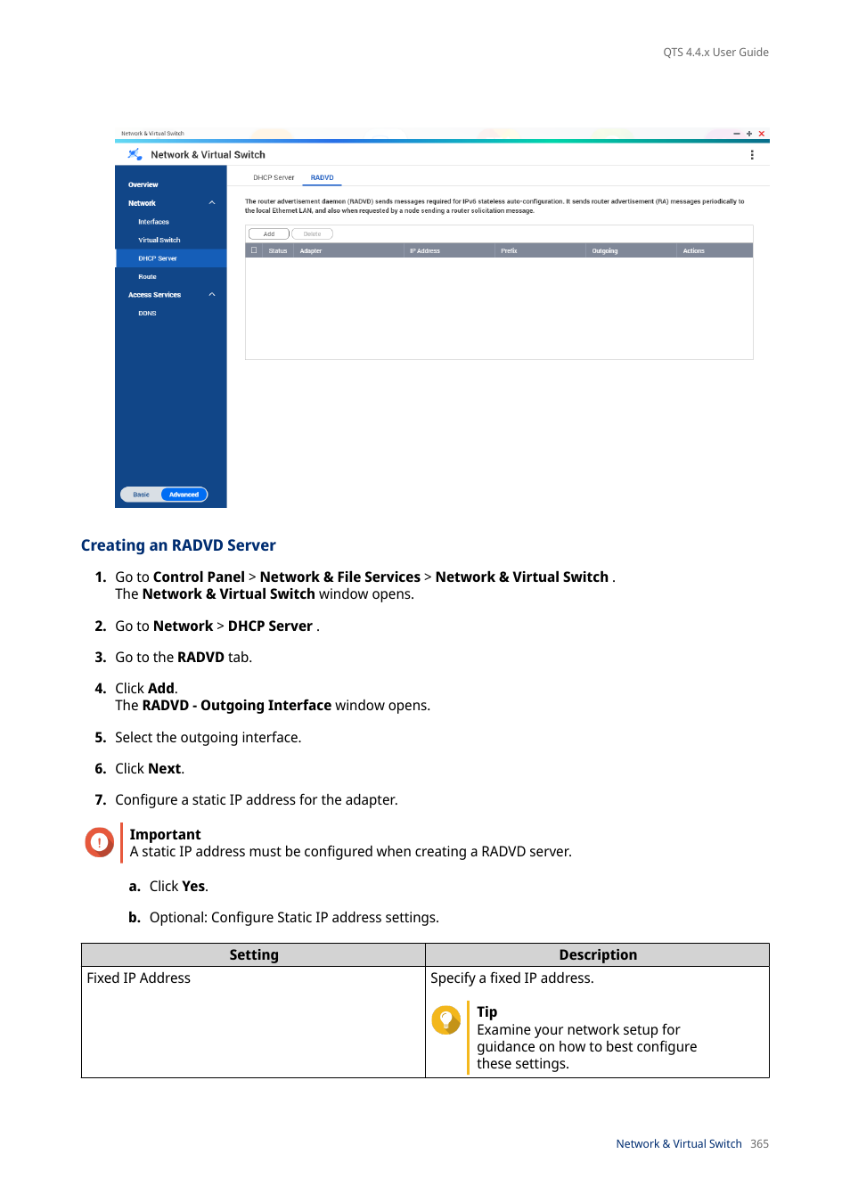 Creating an radvd server | QNAP TVS-472XT 4-Bay NAS Enclosure User Manual | Page 366 / 468