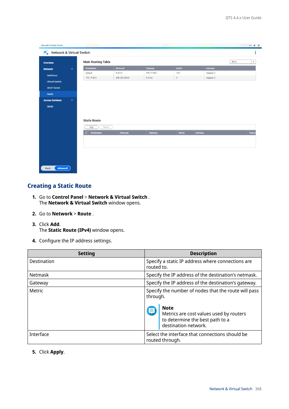 Creating a static route | QNAP TVS-472XT 4-Bay NAS Enclosure User Manual | Page 369 / 468