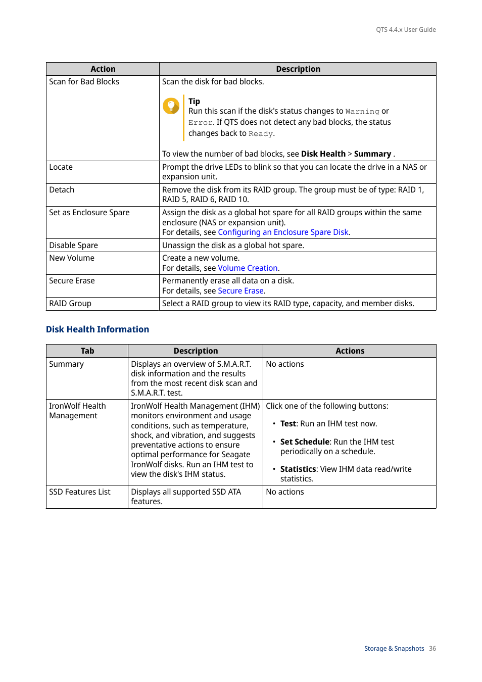 Disk health information | QNAP TVS-472XT 4-Bay NAS Enclosure User Manual | Page 37 / 468