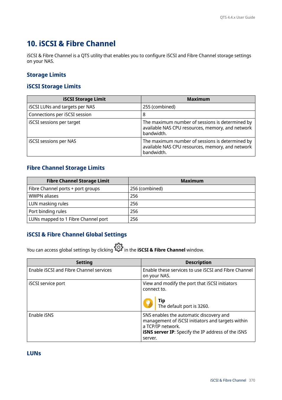 Iscsi & fibre channel, Storage limits, Iscsi storage limits | Fibre channel storage limits, Iscsi & fibre channel global settings, Luns | QNAP TVS-472XT 4-Bay NAS Enclosure User Manual | Page 371 / 468