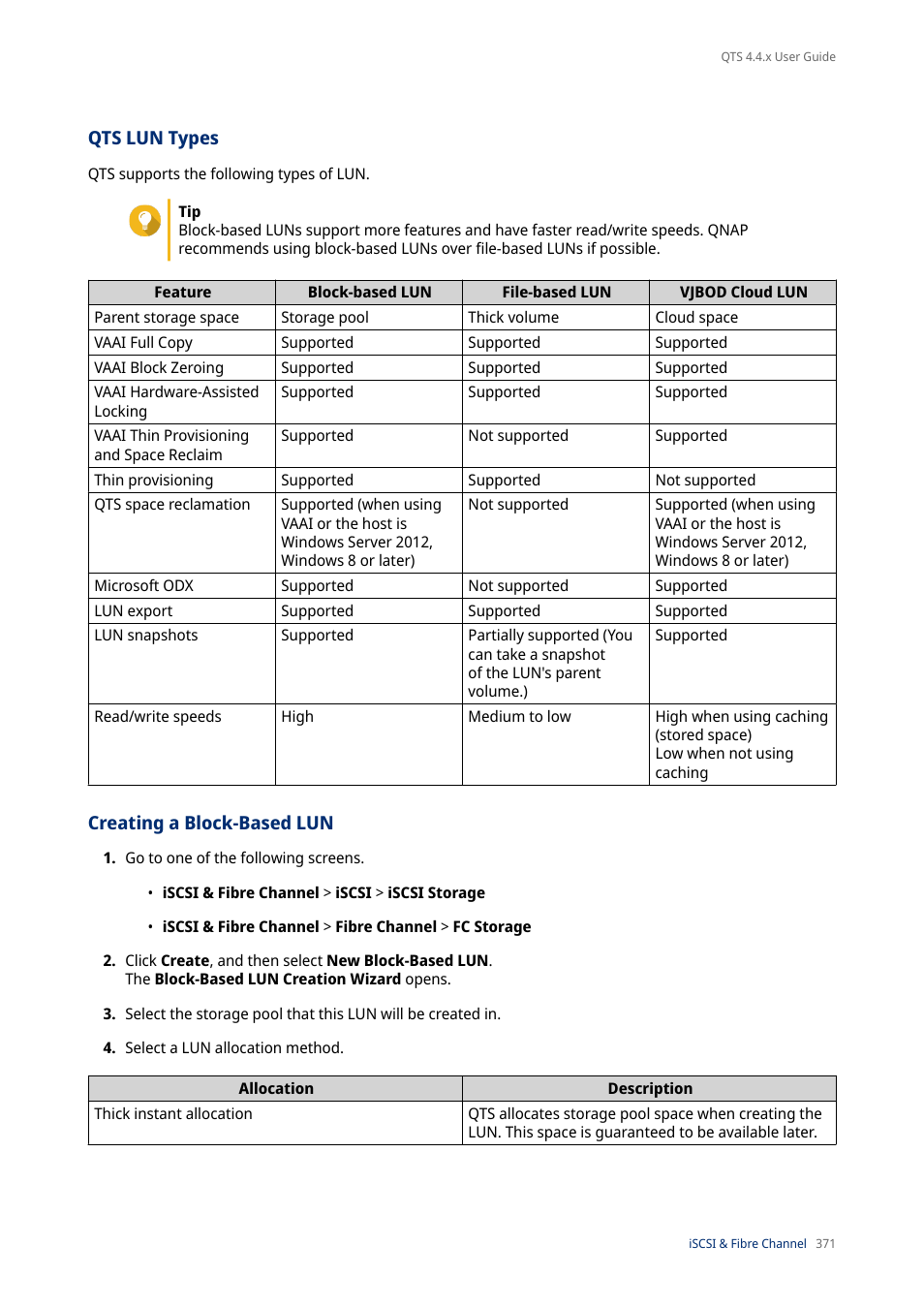 Qts lun types, Creating a block-based lun | QNAP TVS-472XT 4-Bay NAS Enclosure User Manual | Page 372 / 468