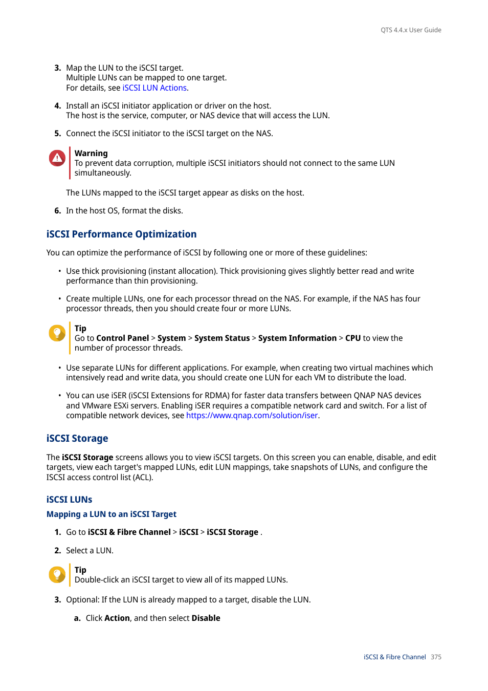 Iscsi performance optimization, Iscsi storage, Iscsi luns | Mapping a lun to an iscsi target | QNAP TVS-472XT 4-Bay NAS Enclosure User Manual | Page 376 / 468