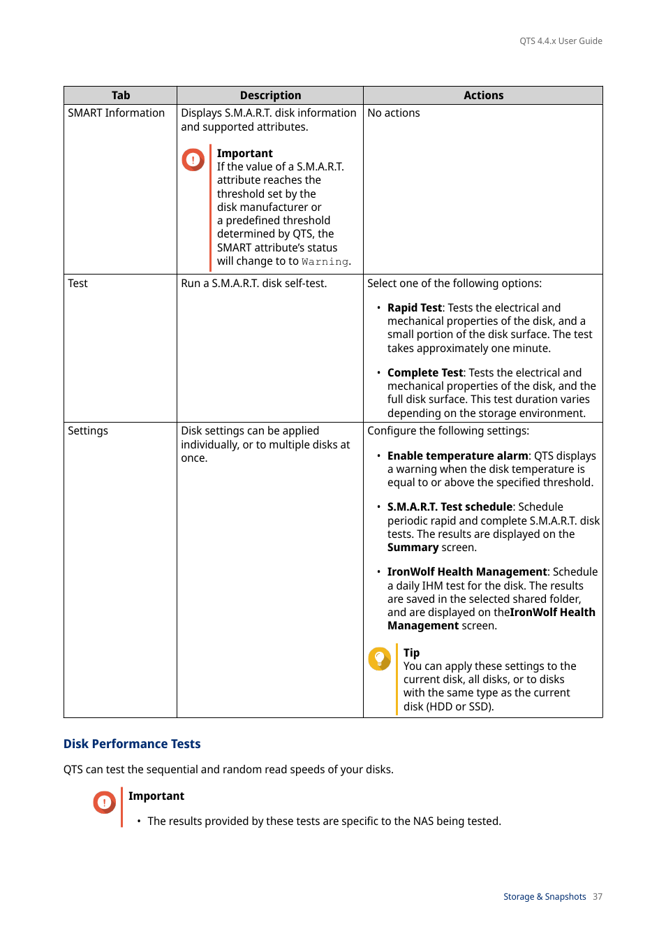 Disk performance tests | QNAP TVS-472XT 4-Bay NAS Enclosure User Manual | Page 38 / 468