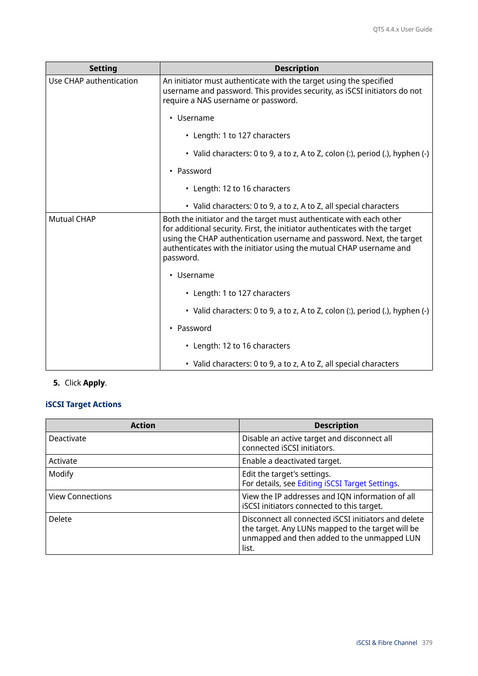 Iscsi target actions | QNAP TVS-472XT 4-Bay NAS Enclosure User Manual | Page 380 / 468