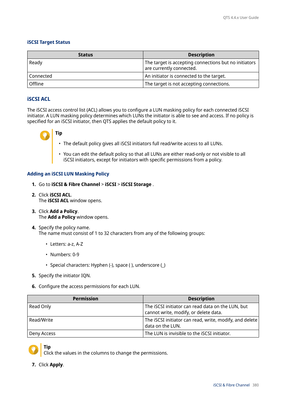 Iscsi target status, Iscsi acl, Adding an iscsi lun masking policy | QNAP TVS-472XT 4-Bay NAS Enclosure User Manual | Page 381 / 468