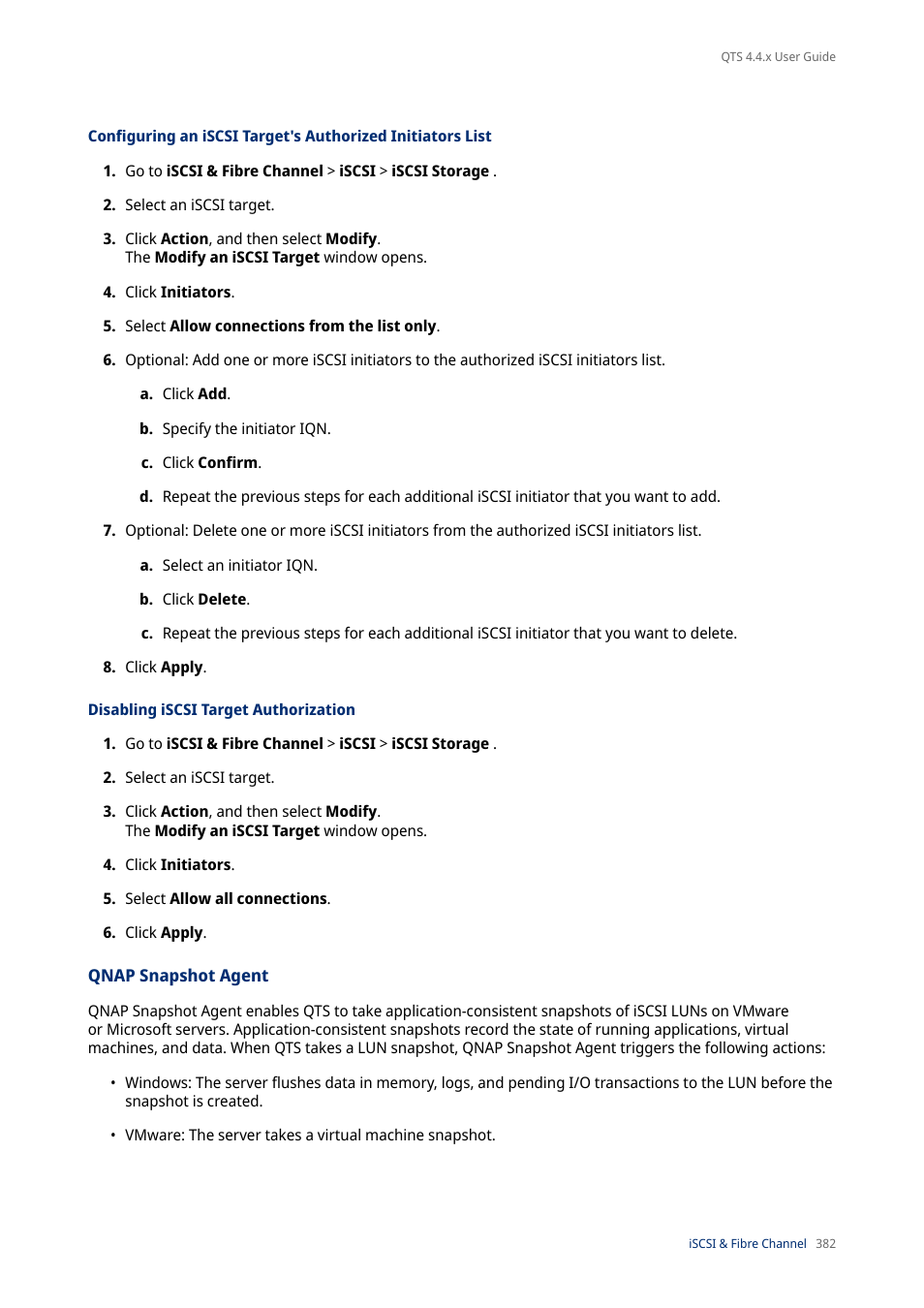 Disabling iscsi target authorization, Qnap snapshot agent | QNAP TVS-472XT 4-Bay NAS Enclosure User Manual | Page 383 / 468