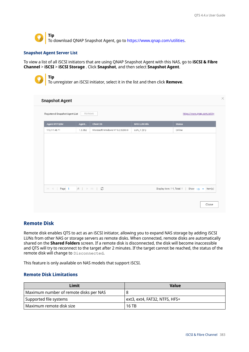 Snapshot agent server list, Remote disk, Remote disk limitations | QNAP TVS-472XT 4-Bay NAS Enclosure User Manual | Page 384 / 468