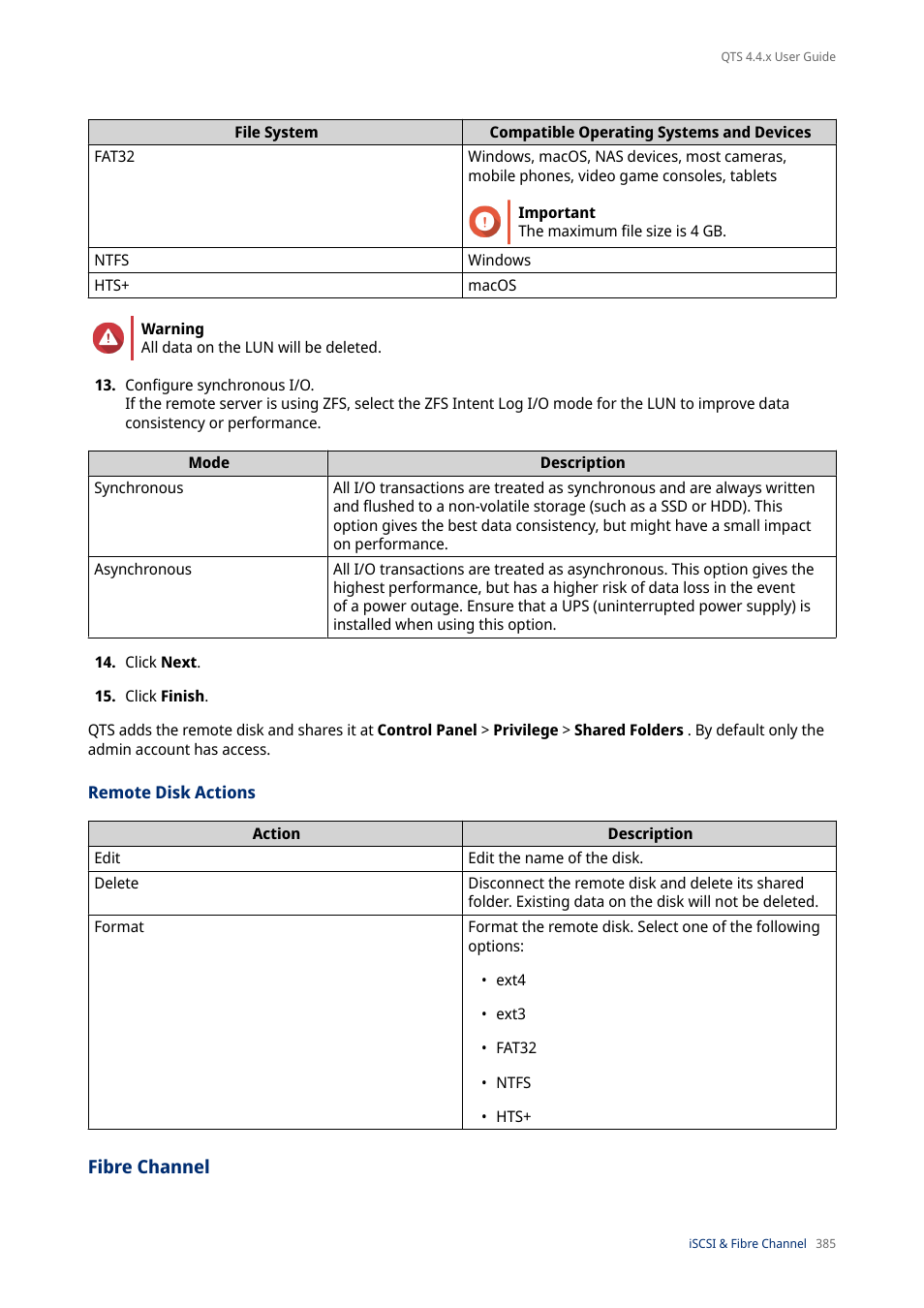 Remote disk actions, Fibre channel | QNAP TVS-472XT 4-Bay NAS Enclosure User Manual | Page 386 / 468