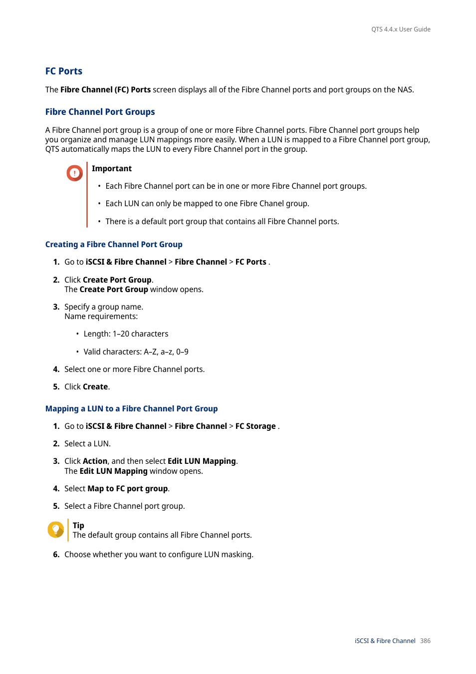 Fc ports, Fibre channel port groups, Creating a fibre channel port group | Mapping a lun to a fibre channel port group | QNAP TVS-472XT 4-Bay NAS Enclosure User Manual | Page 387 / 468