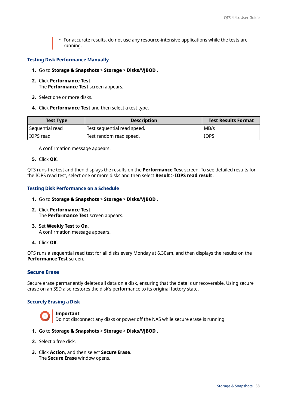 Testing disk performance manually, Testing disk performance on a schedule, Secure erase | Securely erasing a disk | QNAP TVS-472XT 4-Bay NAS Enclosure User Manual | Page 39 / 468