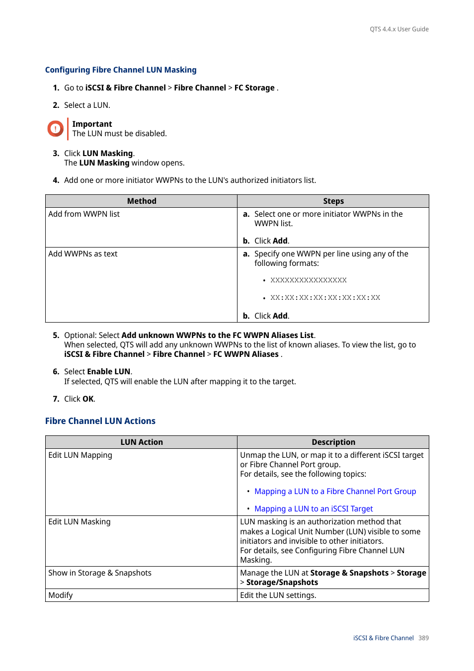 Configuring fibre channel lun masking, Fibre channel lun actions | QNAP TVS-472XT 4-Bay NAS Enclosure User Manual | Page 390 / 468