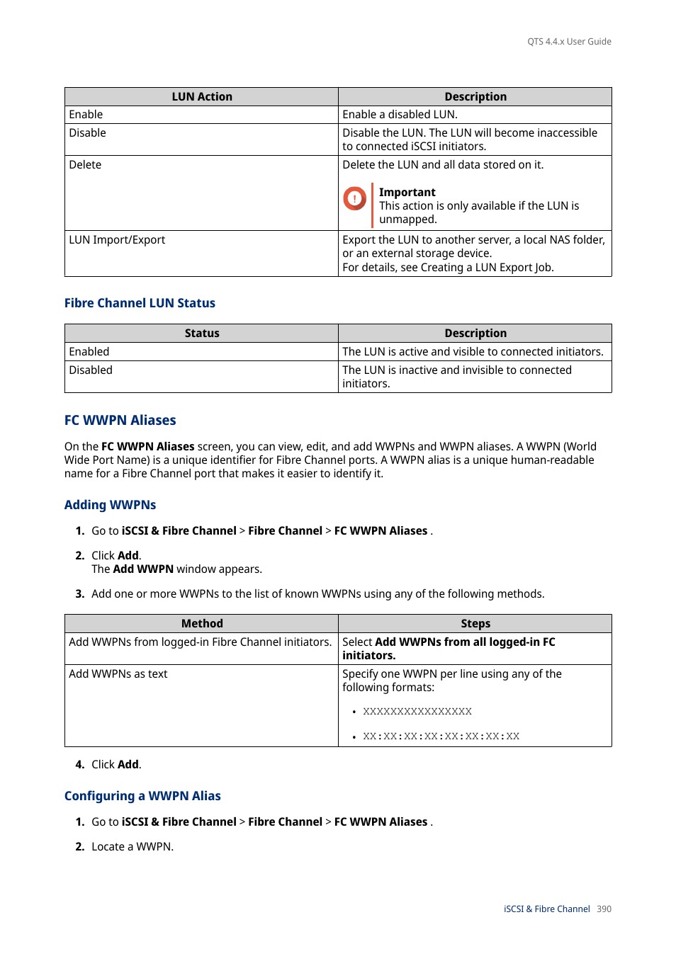 Fibre channel lun status, Fc wwpn aliases, Adding wwpns | Configuring a wwpn alias | QNAP TVS-472XT 4-Bay NAS Enclosure User Manual | Page 391 / 468