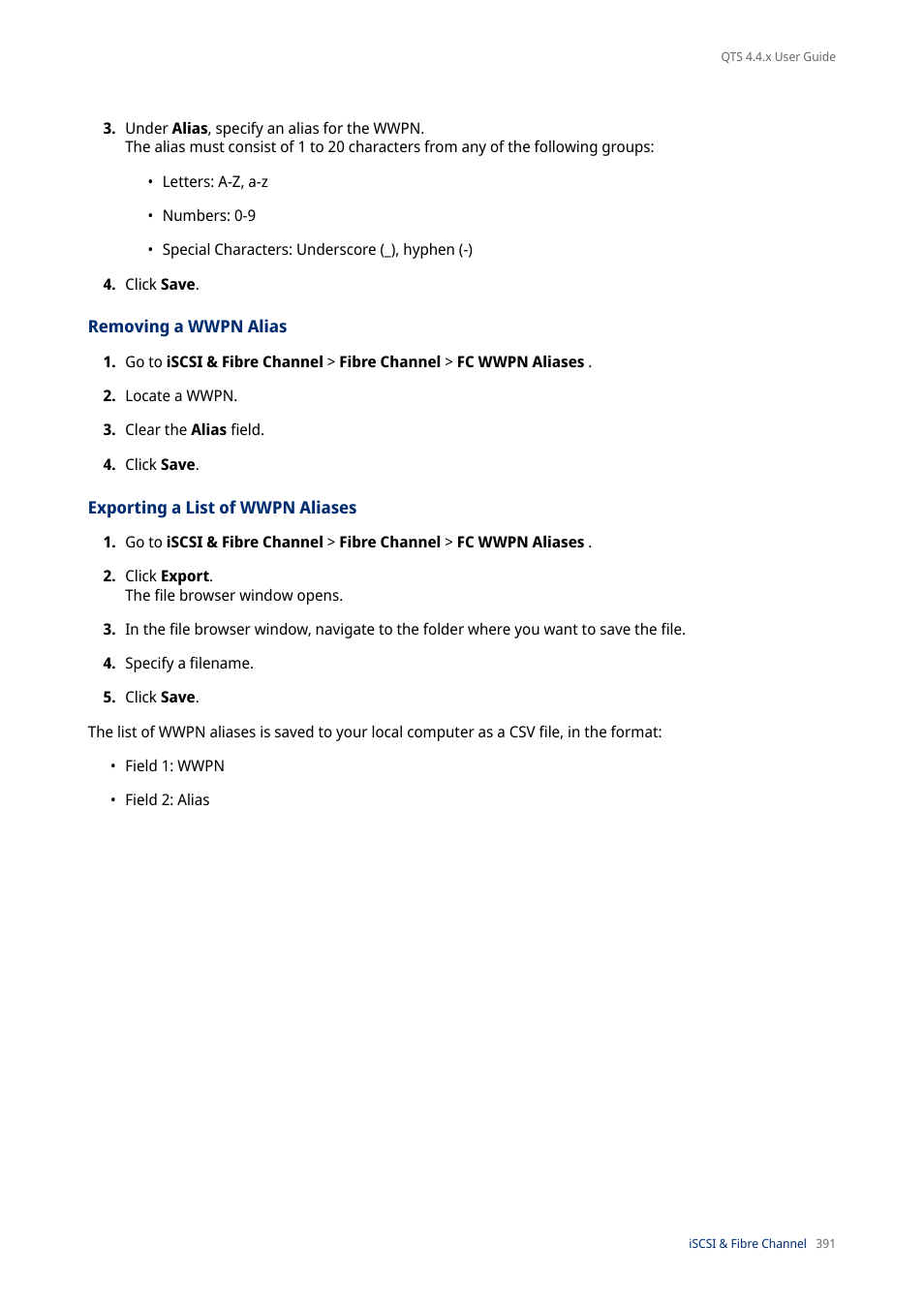 Removing a wwpn alias, Exporting a list of wwpn aliases | QNAP TVS-472XT 4-Bay NAS Enclosure User Manual | Page 392 / 468