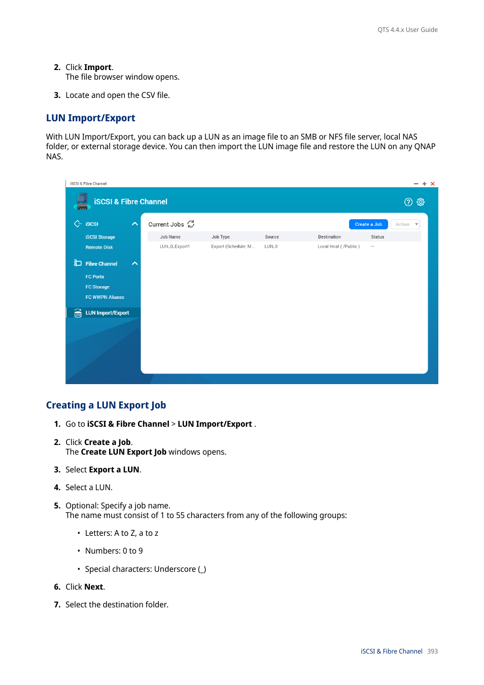 Lun import/export, Creating a lun export job | QNAP TVS-472XT 4-Bay NAS Enclosure User Manual | Page 394 / 468