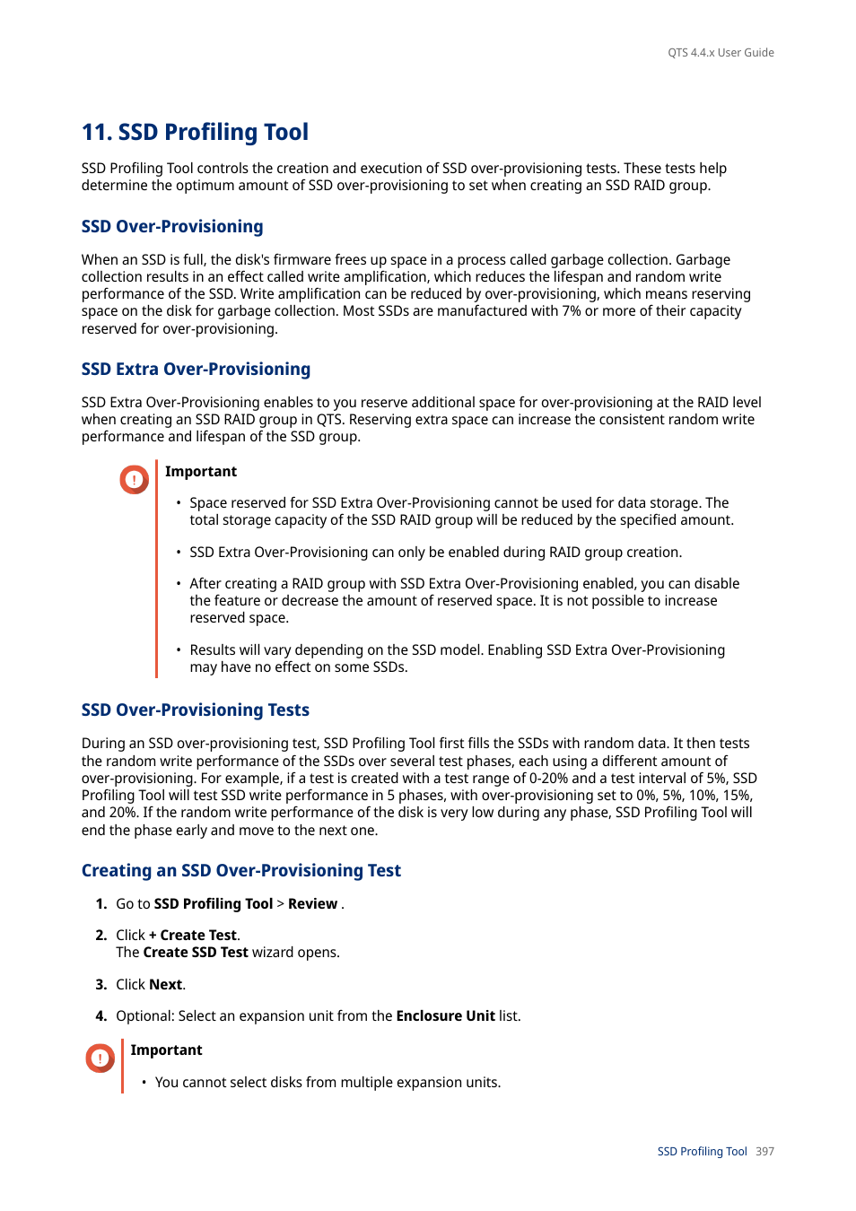 Ssd profiling tool, Ssd over-provisioning, Ssd extra over-provisioning | Ssd over-provisioning tests, Creating an ssd over-provisioning test | QNAP TVS-472XT 4-Bay NAS Enclosure User Manual | Page 398 / 468
