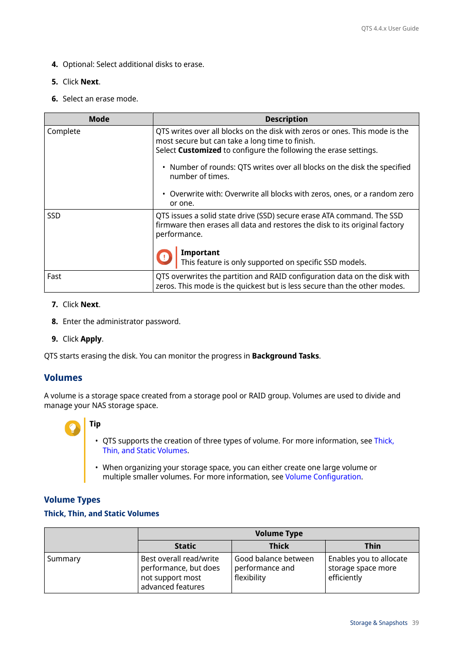 Volumes, Volume types, Thick, thin, and static volumes | QNAP TVS-472XT 4-Bay NAS Enclosure User Manual | Page 40 / 468