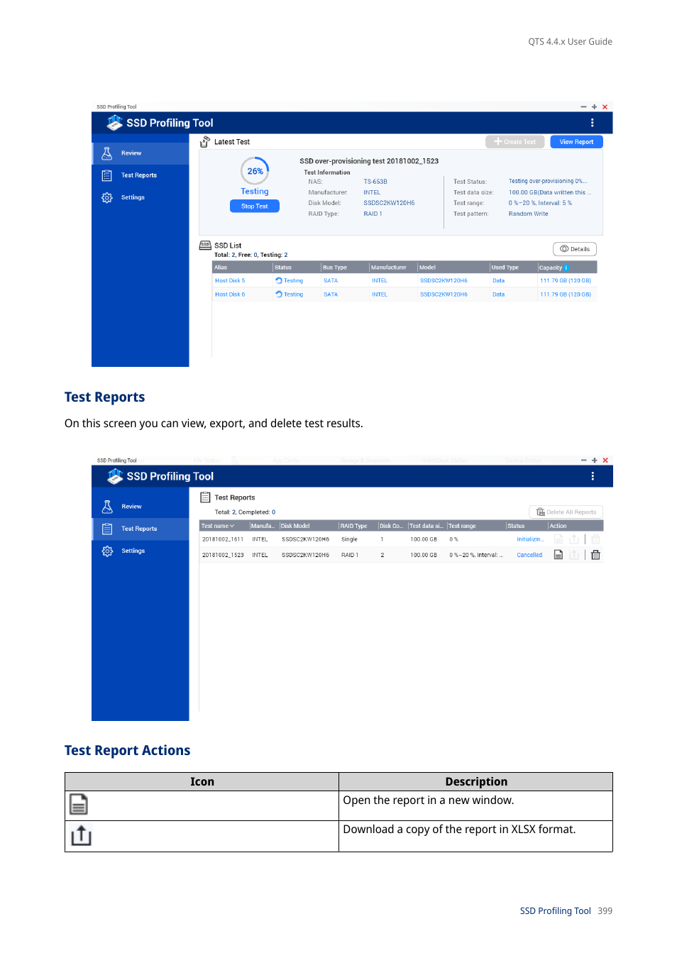 Test reports, Test report actions | QNAP TVS-472XT 4-Bay NAS Enclosure User Manual | Page 400 / 468