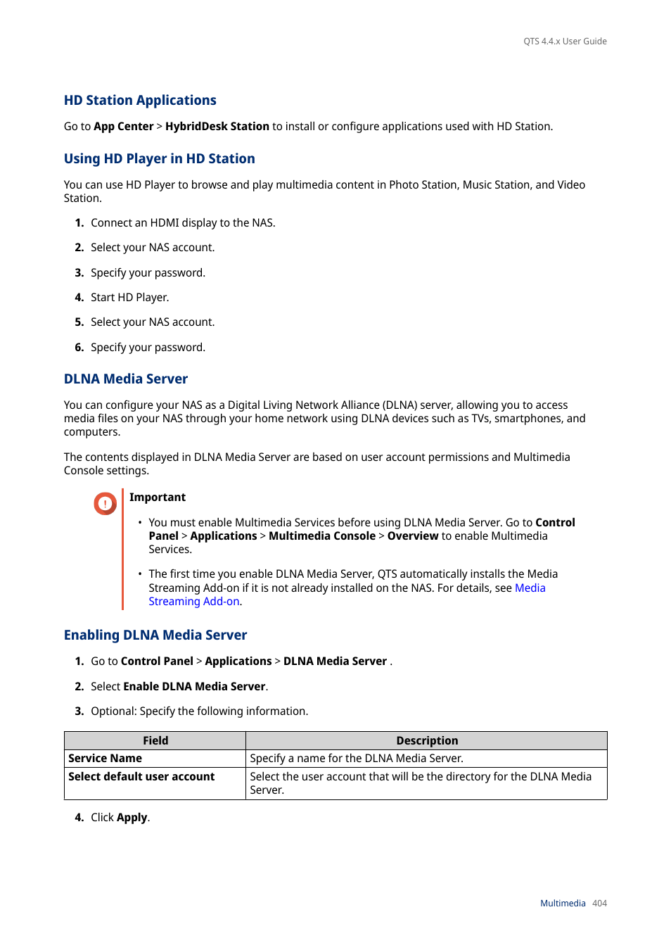 Hd station applications, Using hd player in hd station, Dlna media server | Enabling dlna media server | QNAP TVS-472XT 4-Bay NAS Enclosure User Manual | Page 405 / 468