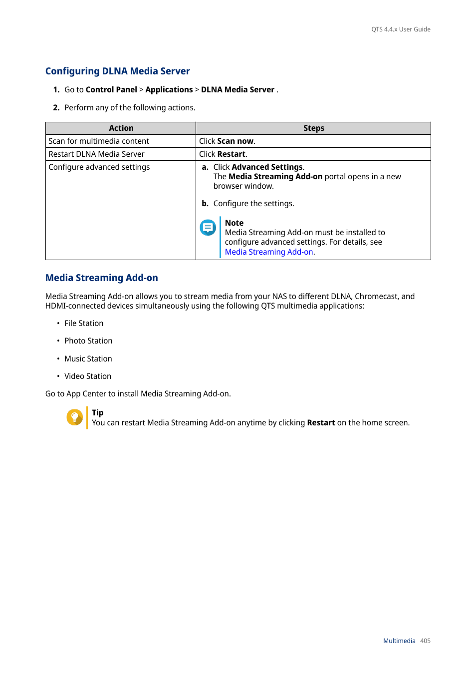 Configuring dlna media server, Media streaming add-on, Eady installed on the nas. for details, see | Media, Streaming add-on | QNAP TVS-472XT 4-Bay NAS Enclosure User Manual | Page 406 / 468