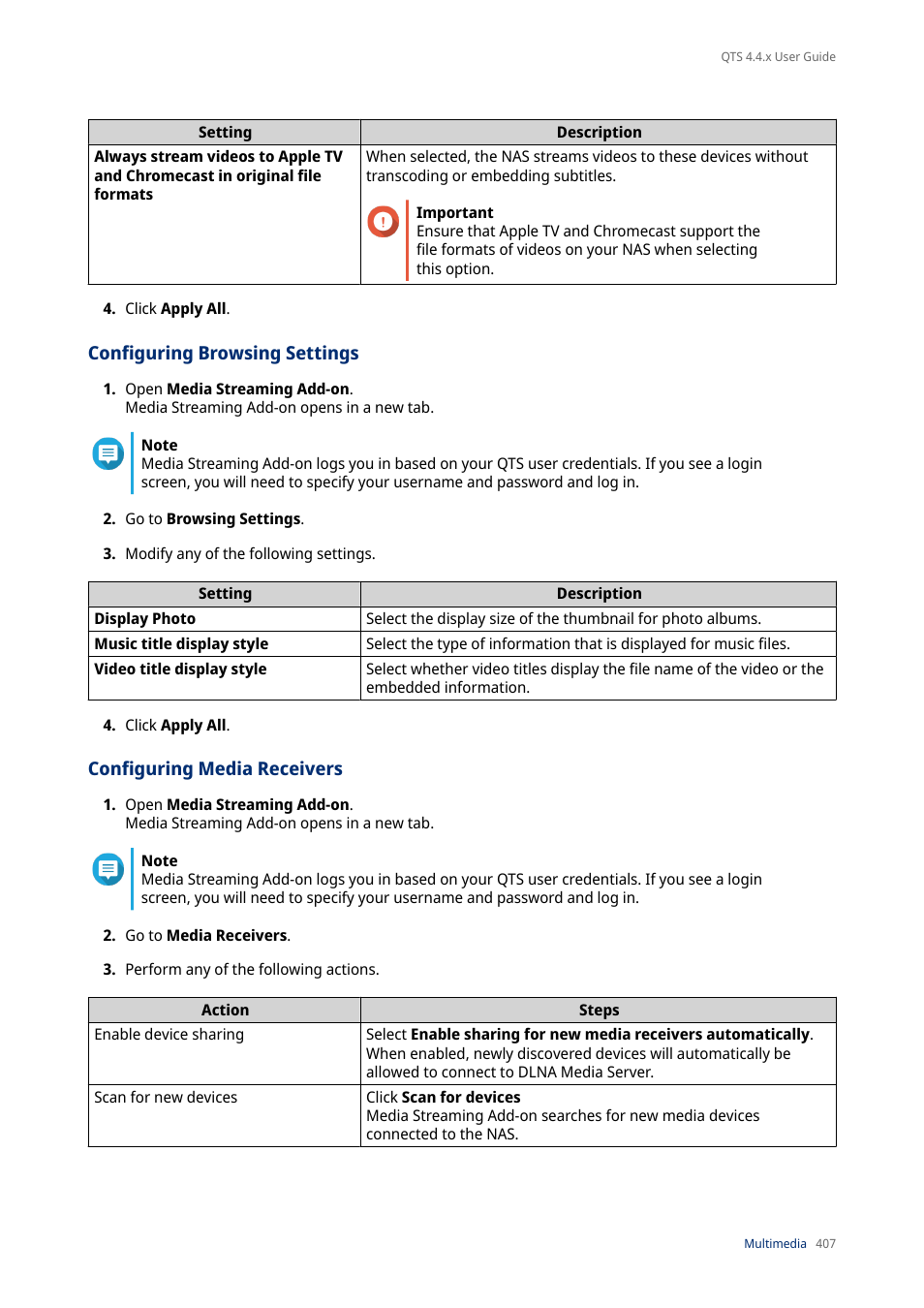Configuring browsing settings, Configuring media receivers | QNAP TVS-472XT 4-Bay NAS Enclosure User Manual | Page 408 / 468