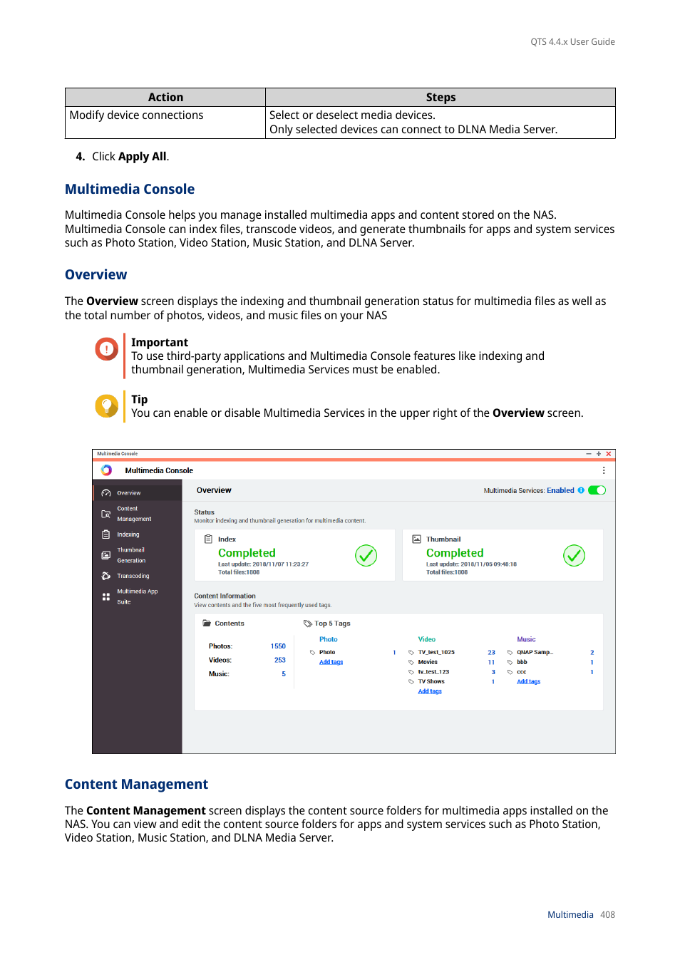 Multimedia console, Overview, Content management | QNAP TVS-472XT 4-Bay NAS Enclosure User Manual | Page 409 / 468
