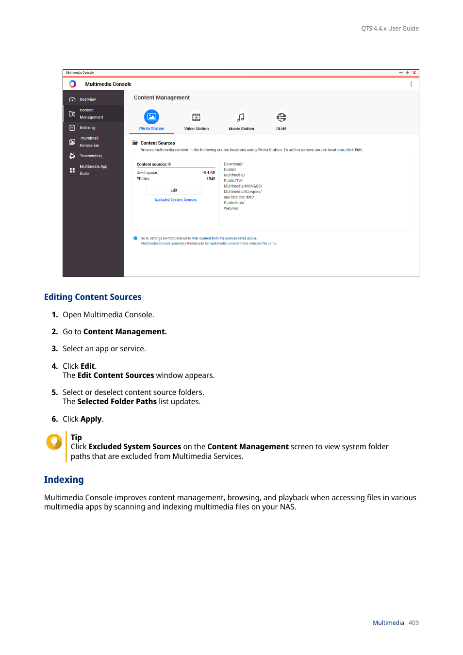 Editing content sources, Indexing | QNAP TVS-472XT 4-Bay NAS Enclosure User Manual | Page 410 / 468