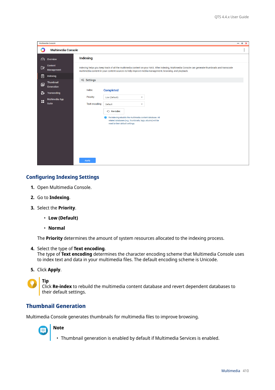 Configuring indexing settings, Thumbnail generation | QNAP TVS-472XT 4-Bay NAS Enclosure User Manual | Page 411 / 468