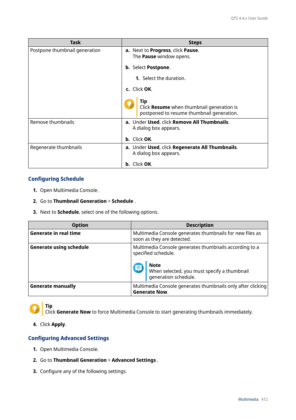 Configuring schedule, Configuring advanced settings | QNAP TVS-472XT 4-Bay NAS Enclosure User Manual | Page 413 / 468