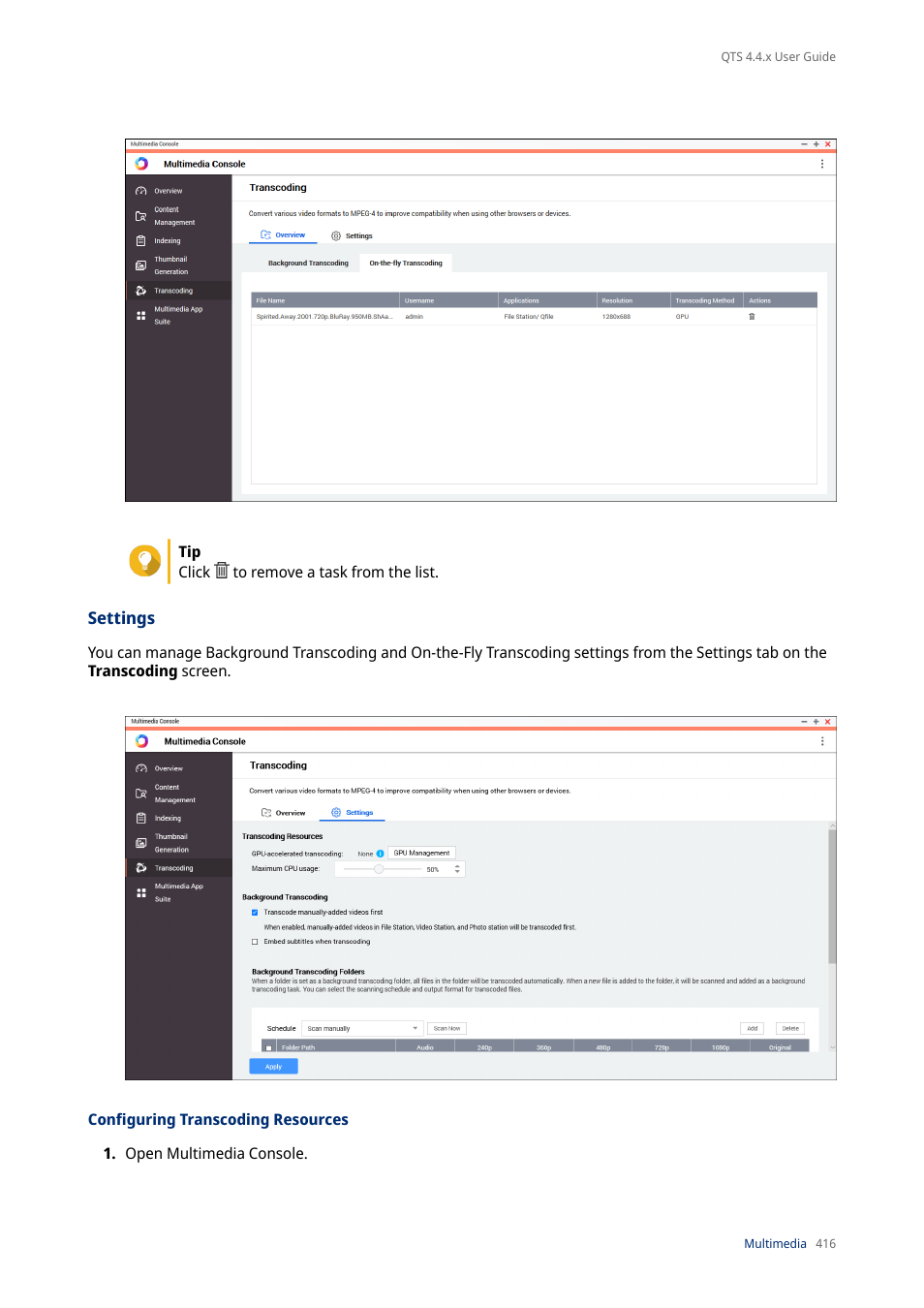 Settings, Configuring transcoding resources, Een. for details, see | Configuring, Transcoding resources | QNAP TVS-472XT 4-Bay NAS Enclosure User Manual | Page 417 / 468