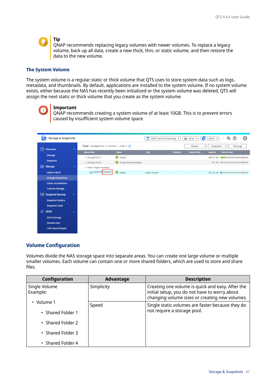 The system volume, Volume configuration, E information, see | QNAP TVS-472XT 4-Bay NAS Enclosure User Manual | Page 42 / 468
