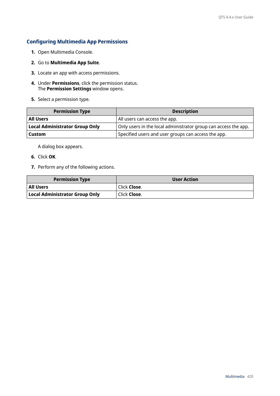 Configuring multimedia app permissions | QNAP TVS-472XT 4-Bay NAS Enclosure User Manual | Page 421 / 468