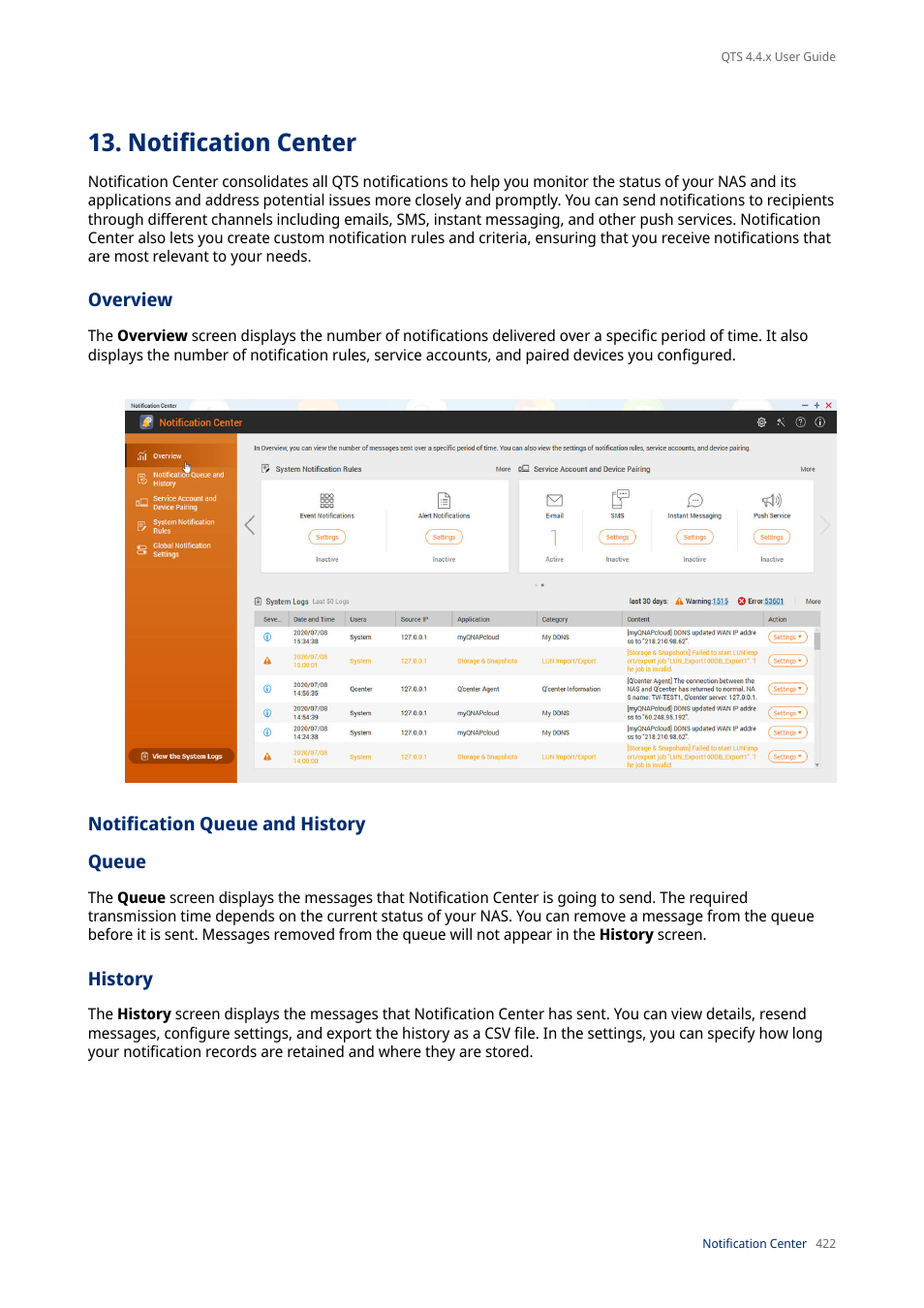 Notification center, Overview, Notification queue and history | Queue, History | QNAP TVS-472XT 4-Bay NAS Enclosure User Manual | Page 423 / 468