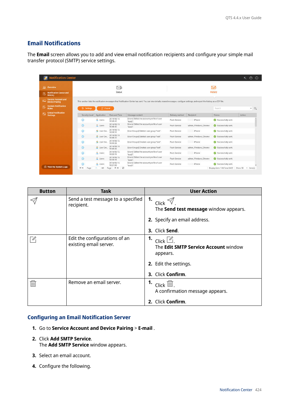 Email notifications, Configuring an email notification server | QNAP TVS-472XT 4-Bay NAS Enclosure User Manual | Page 425 / 468