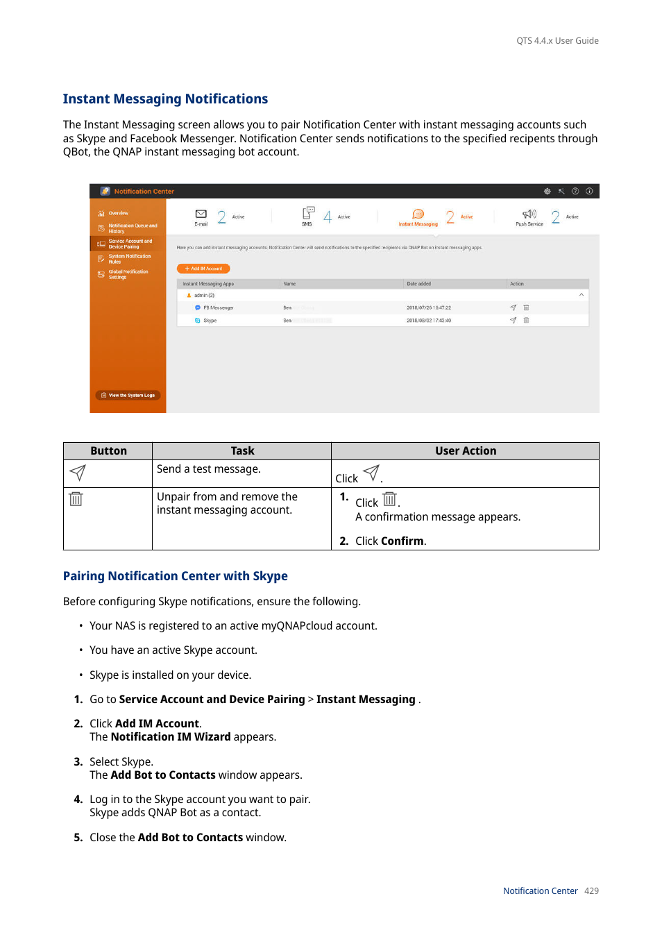 Instant messaging notifications, Pairing notification center with skype | QNAP TVS-472XT 4-Bay NAS Enclosure User Manual | Page 430 / 468