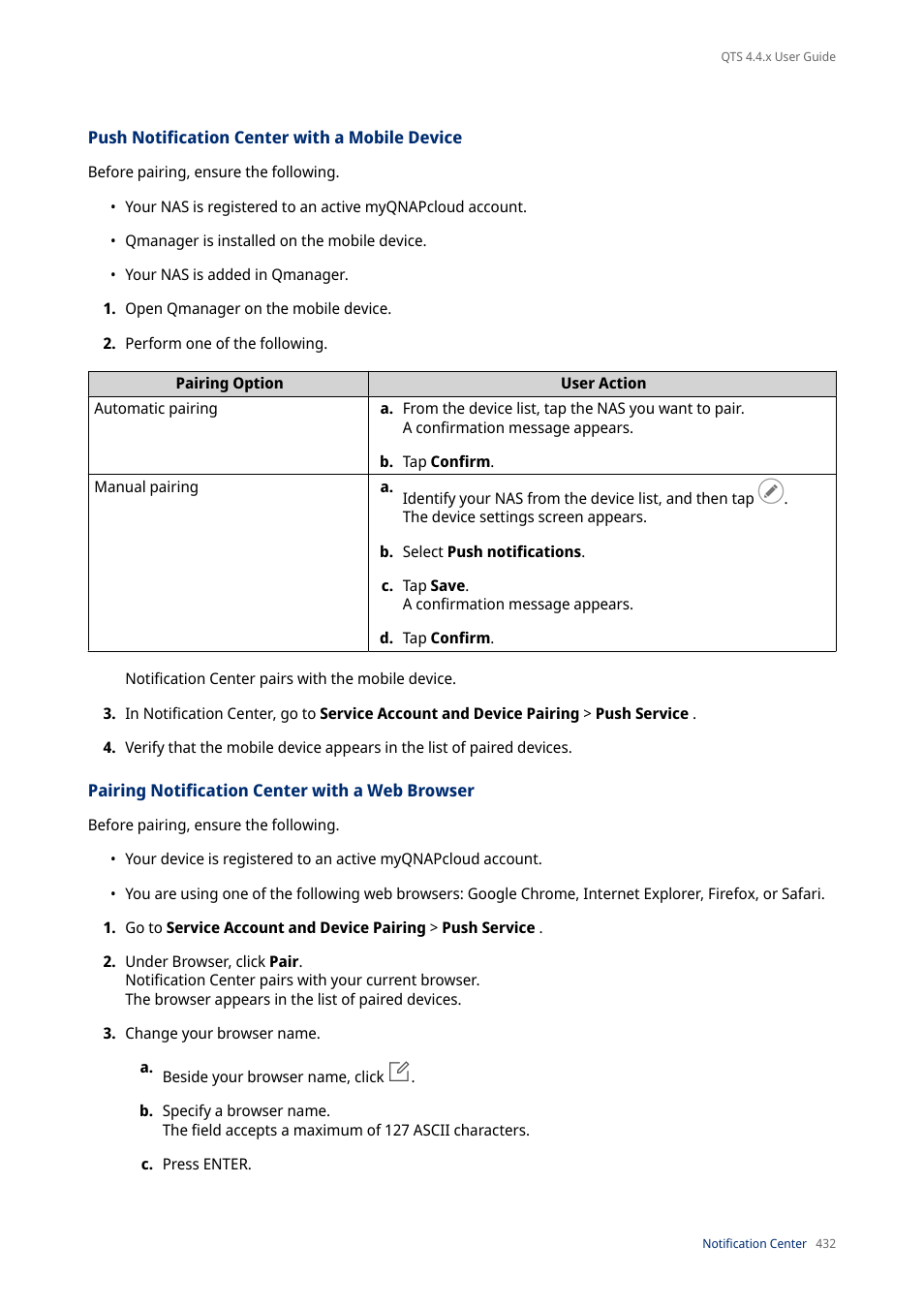 Push notification center with a mobile device, Pairing notification center with a web browser | QNAP TVS-472XT 4-Bay NAS Enclosure User Manual | Page 433 / 468