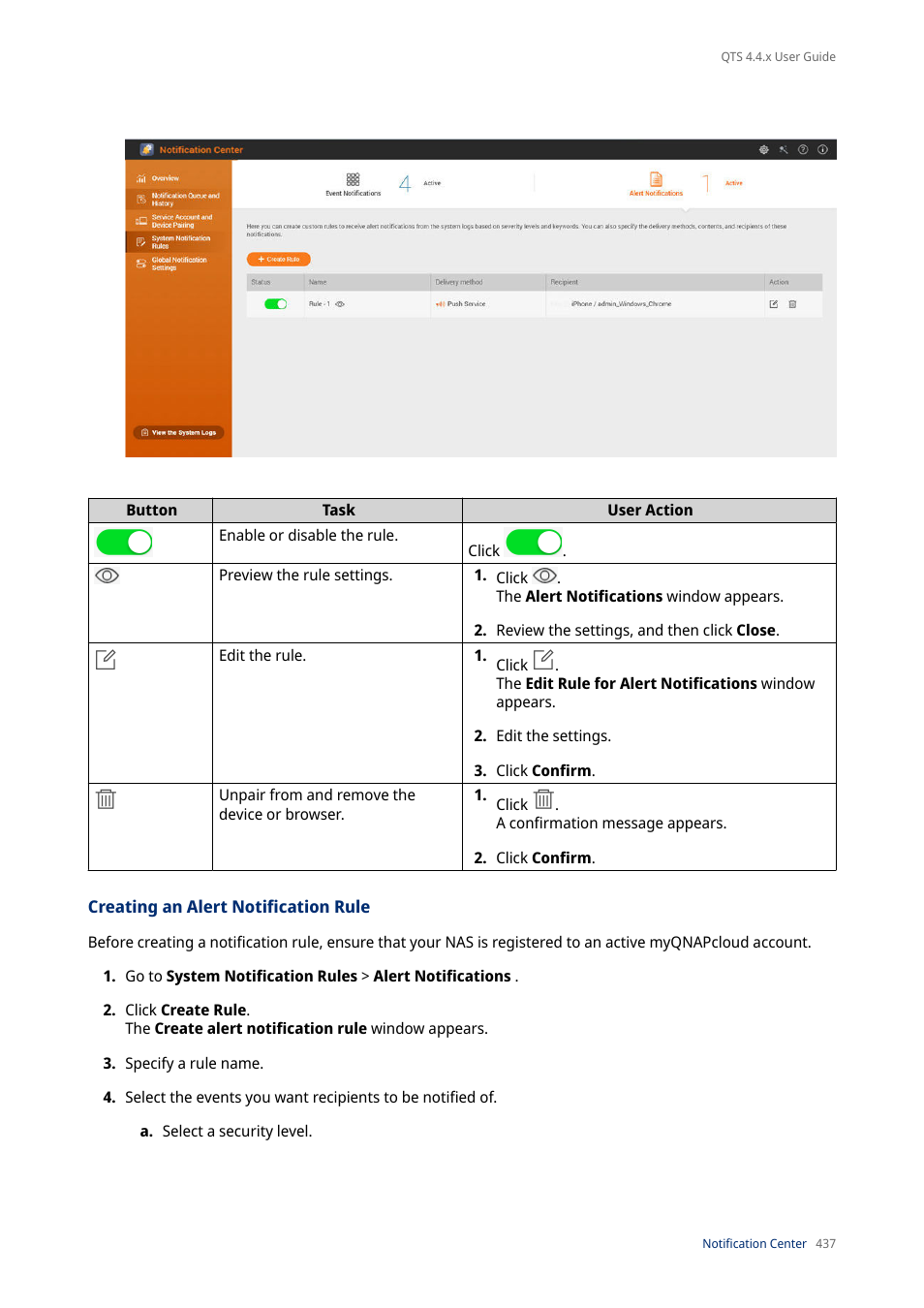Creating an alert notification rule | QNAP TVS-472XT 4-Bay NAS Enclosure User Manual | Page 438 / 468
