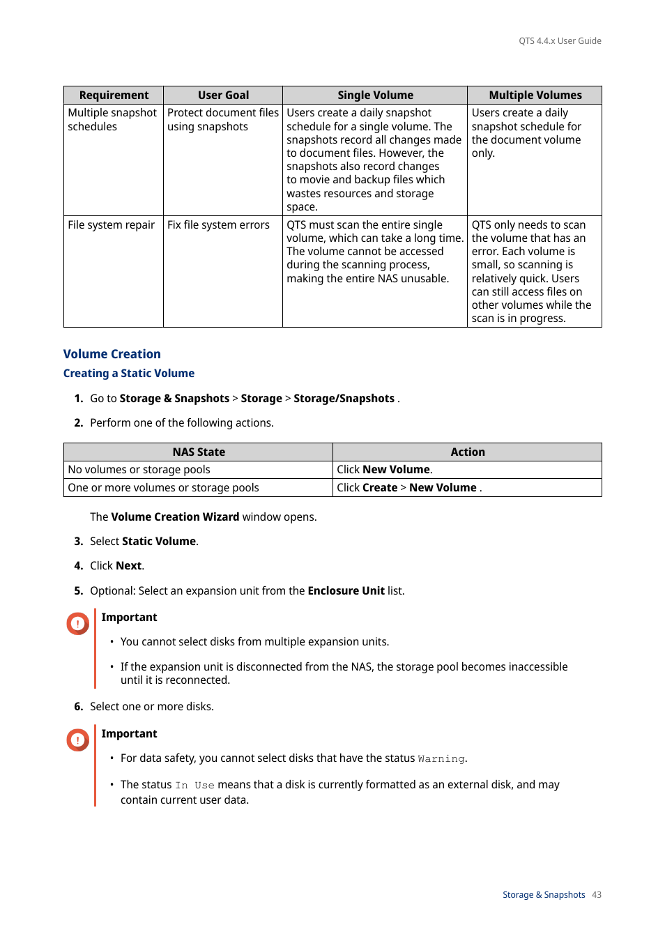 Volume creation, Creating a static volume | QNAP TVS-472XT 4-Bay NAS Enclosure User Manual | Page 44 / 468