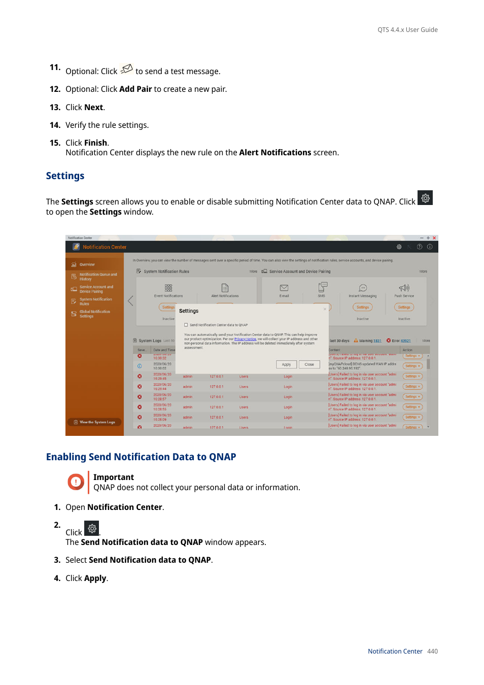 Settings, Enabling send notification data to qnap | QNAP TVS-472XT 4-Bay NAS Enclosure User Manual | Page 441 / 468