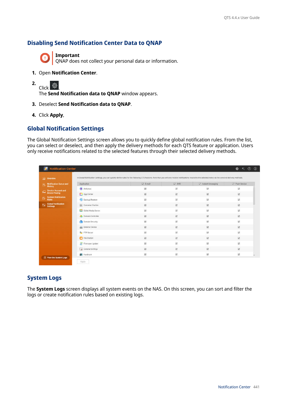 Disabling send notification center data to qnap, Global notification settings, System logs | QNAP TVS-472XT 4-Bay NAS Enclosure User Manual | Page 442 / 468