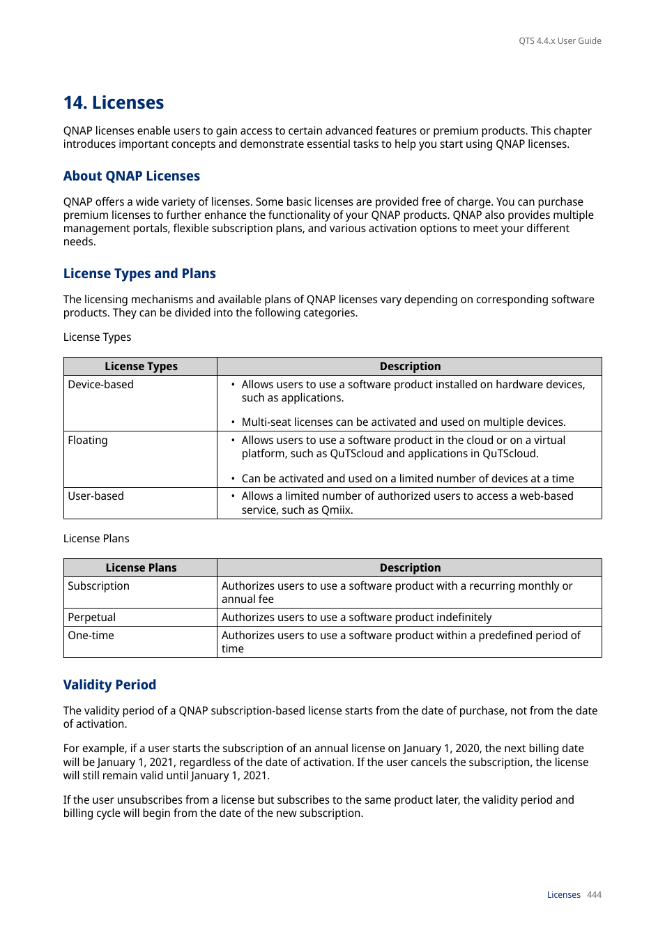 Licenses, About qnap licenses, License types and plans | Validity period | QNAP TVS-472XT 4-Bay NAS Enclosure User Manual | Page 445 / 468