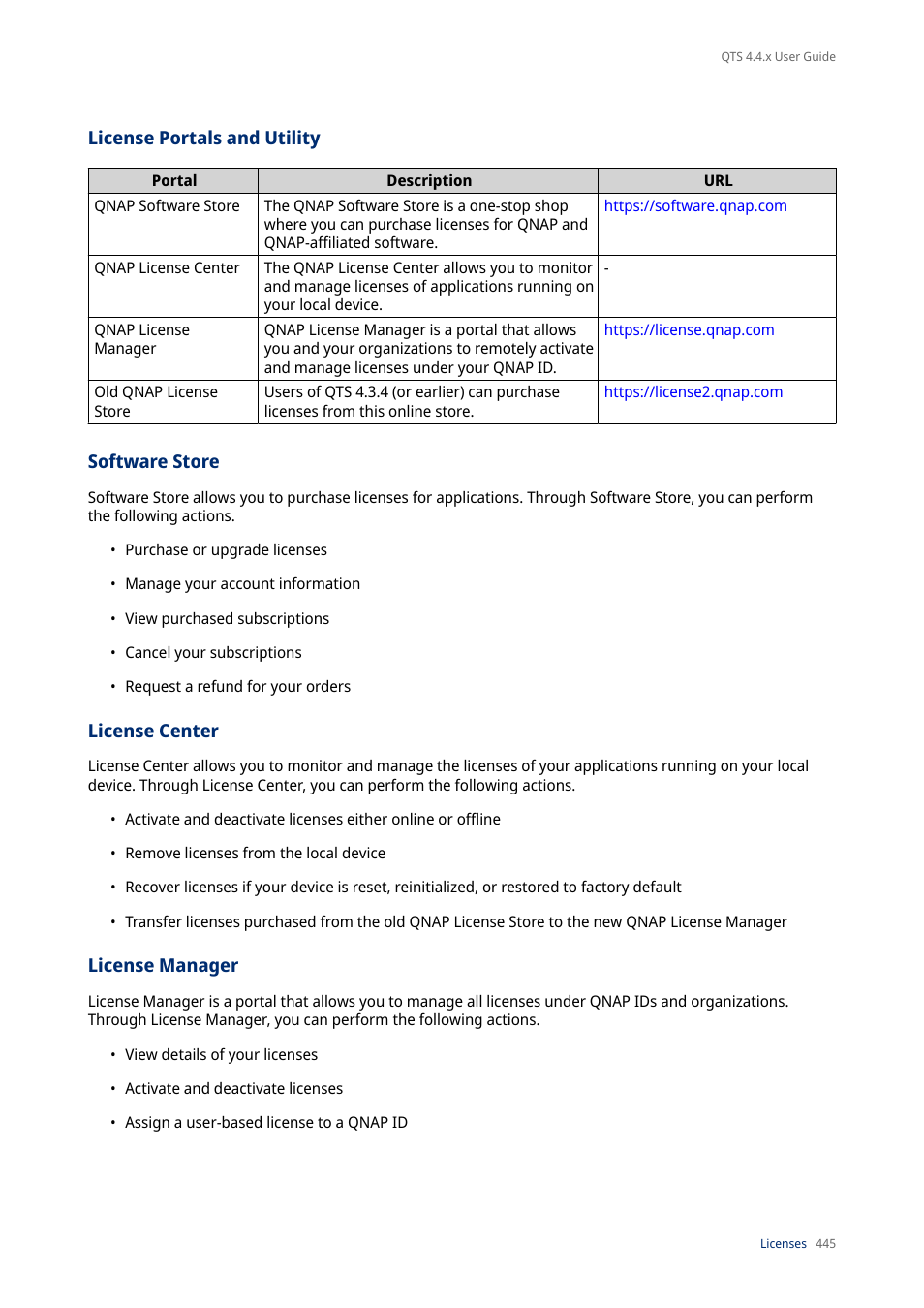 License portals and utility, Software store, License center | License manager | QNAP TVS-472XT 4-Bay NAS Enclosure User Manual | Page 446 / 468
