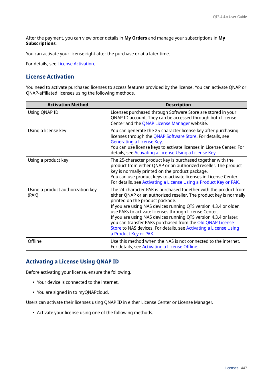 License activation, Activating a license using qnap id | QNAP TVS-472XT 4-Bay NAS Enclosure User Manual | Page 448 / 468