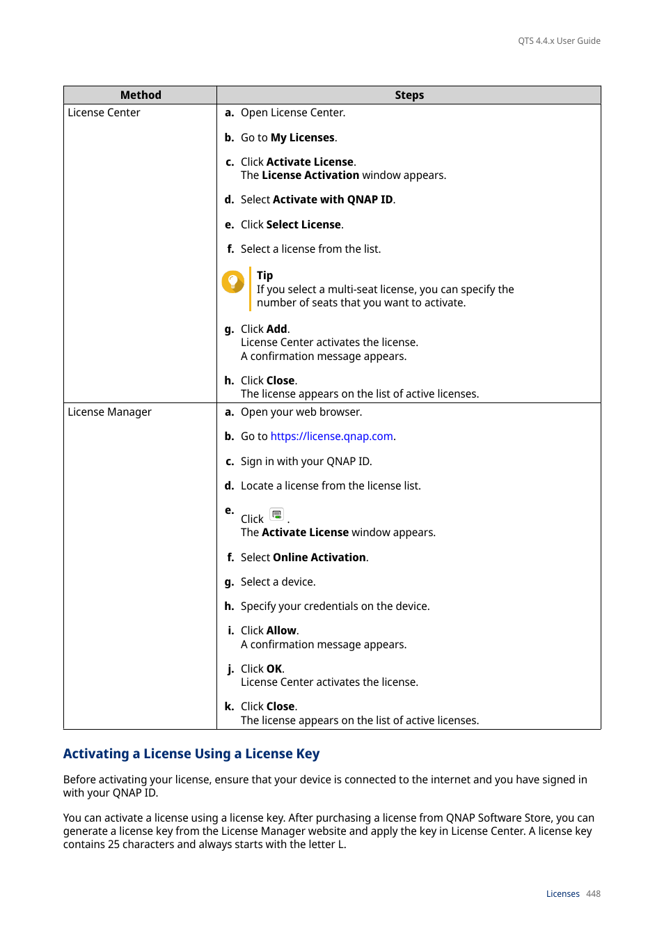 Activating a license using a license key, Details, see | QNAP TVS-472XT 4-Bay NAS Enclosure User Manual | Page 449 / 468